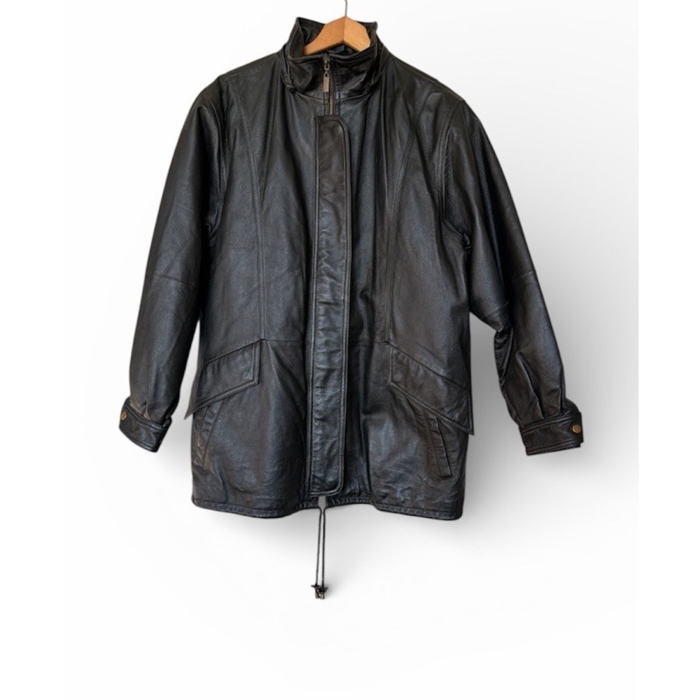 Bromley Collection Leather Jacket Womens Large Black Full Zip Drawstring Parka